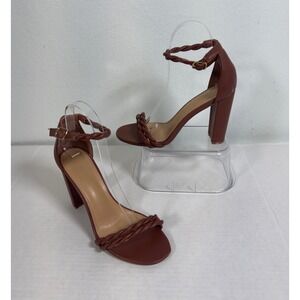 JustFab Lori Brown Braided Block Heel Sandals Womens 6.5 Cognac Ankle Strap